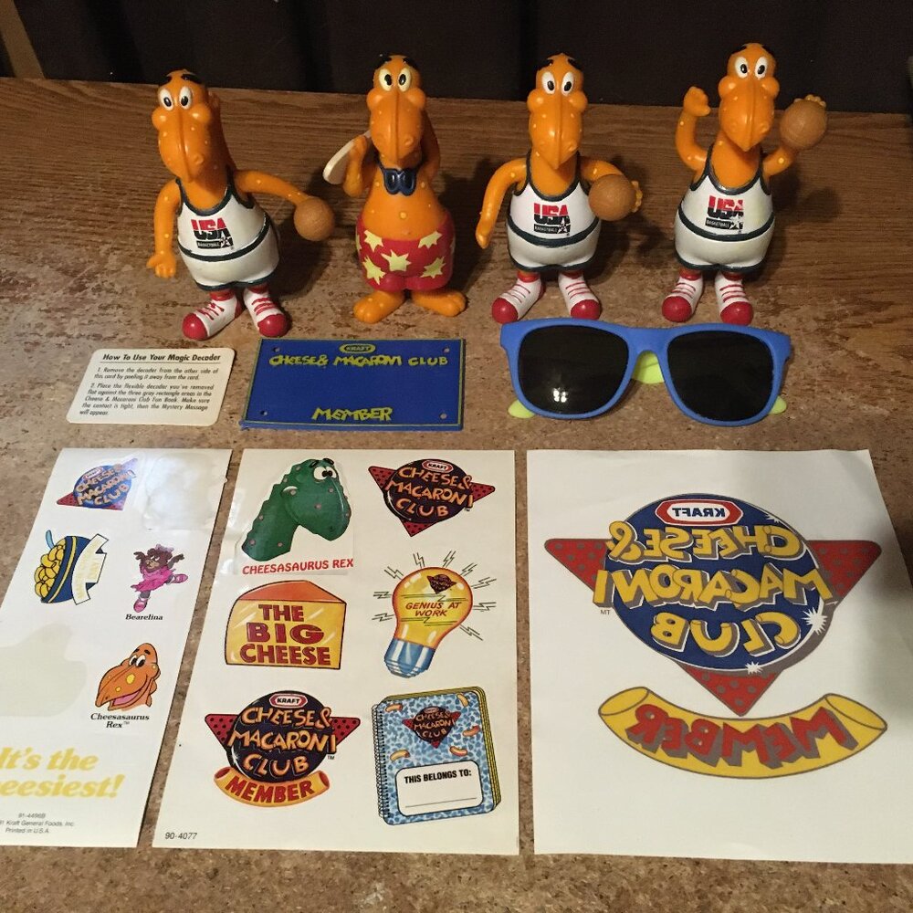 KRAFT CHEESASAURUS REX DINOSAUR TOY LOT FIGURES USA SURFER SUNGLASSES STICKERS
